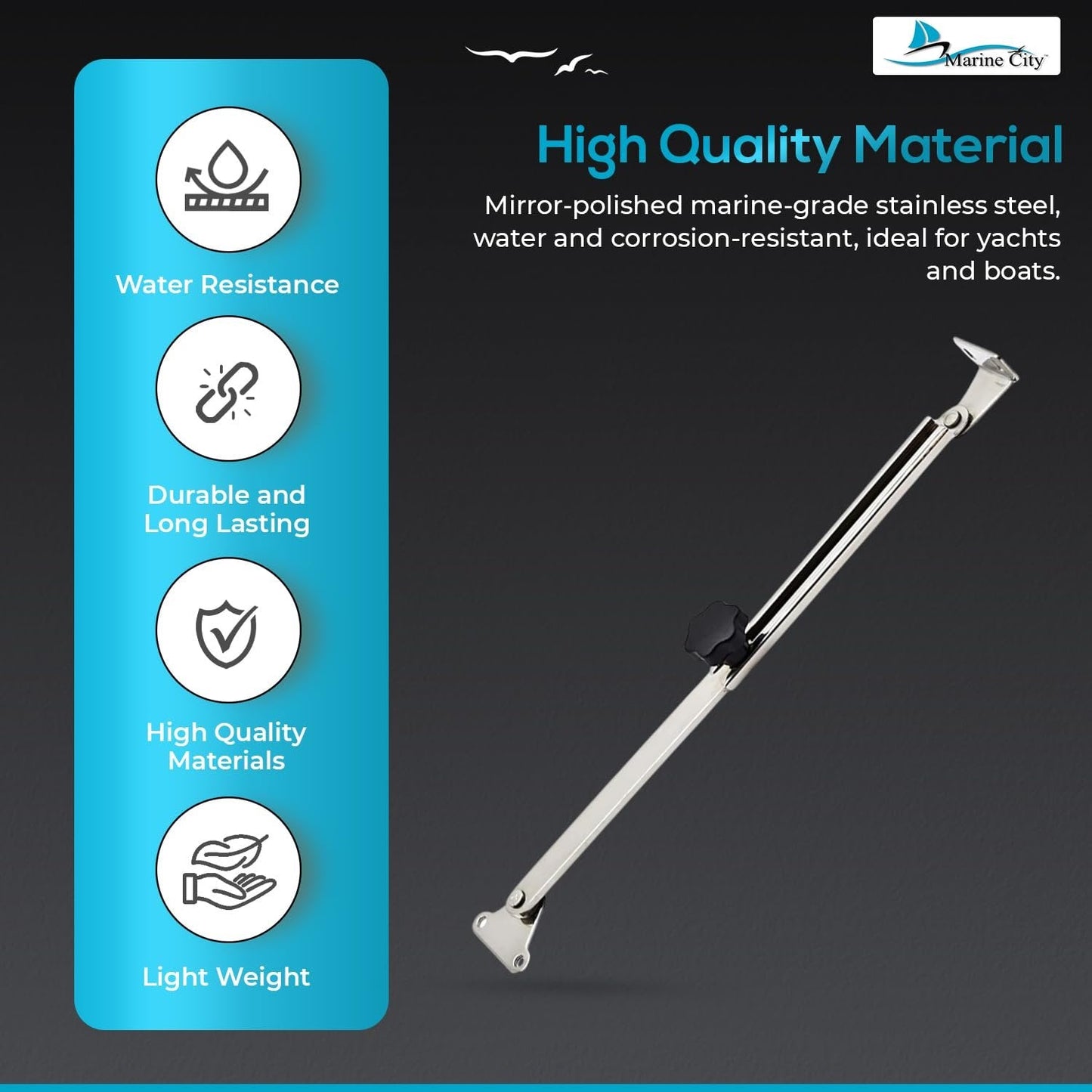 Marine City Hatch Lid Stay Support & Adjuster, 316 Stainless Steel (Large) Marine City Hardware
