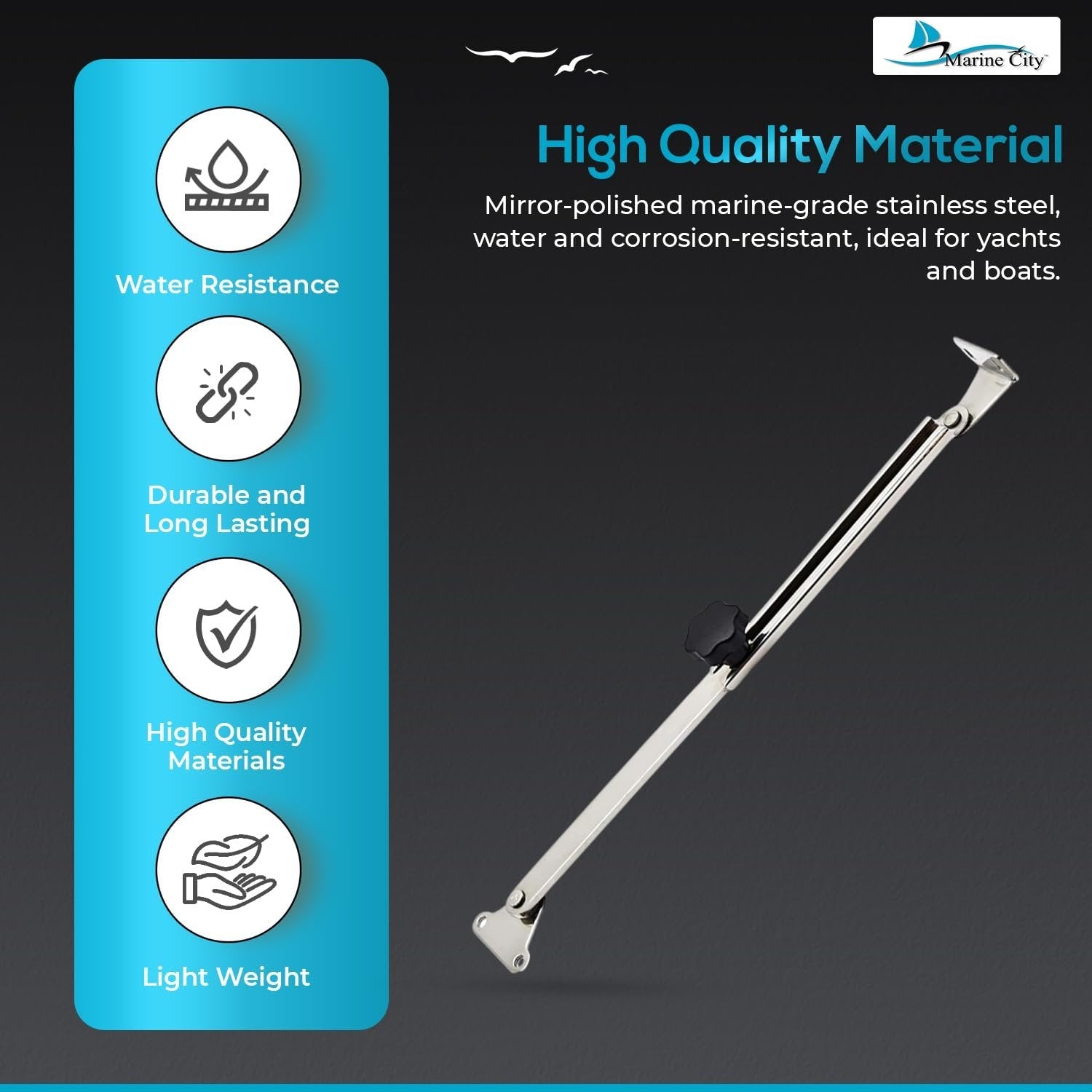 Marine City Hatch Lid Stay Support & Adjuster, 316 Stainless Steel (Large) Marine City Hardware