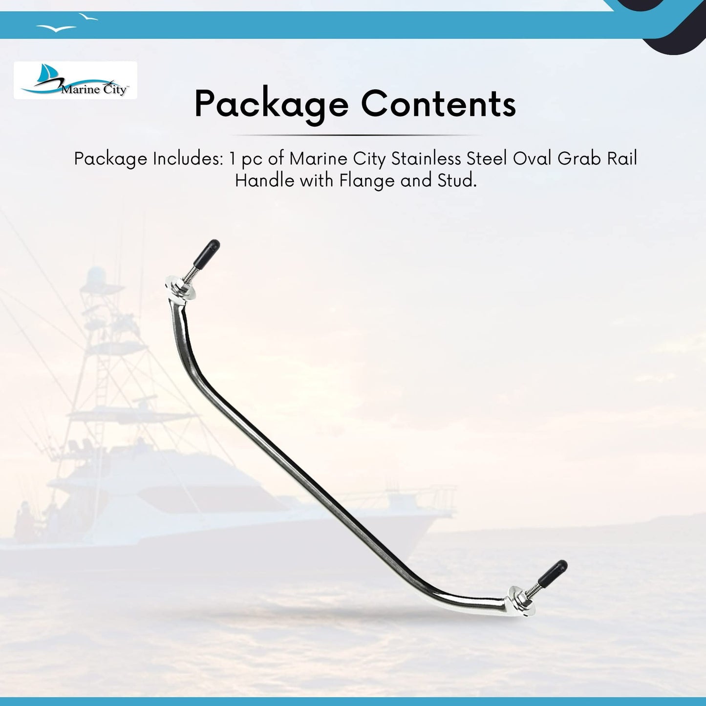 Marine City Stainless Steel Oval Grab Rail Handle with Flange & Stud – 16 Inch
