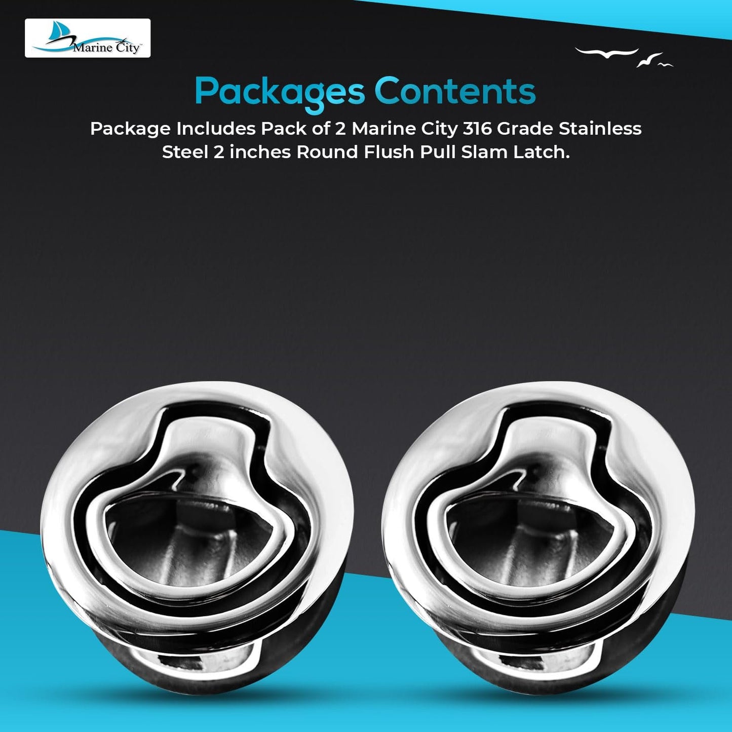 Marine City Round Flush Pull Slam Latch 2 Inch 316 Stainless Steel Flush Handle