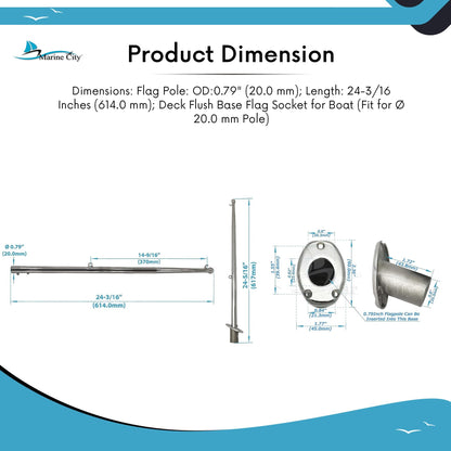 MARINE CITY Flag Stanchion Pole & Base Kit – 24-Inch Adjustable Stainless Steel