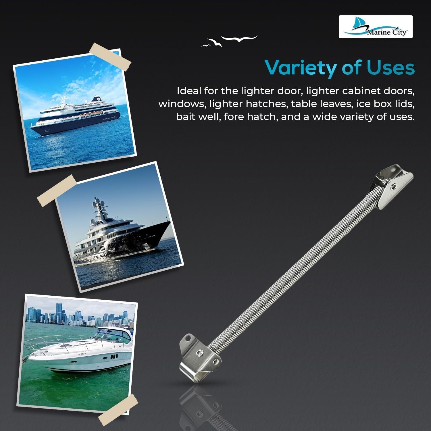 Marine City 10-1/4" Hatch Holder Adjuster–304 Stainless Steel Spring Lid Support Marine City