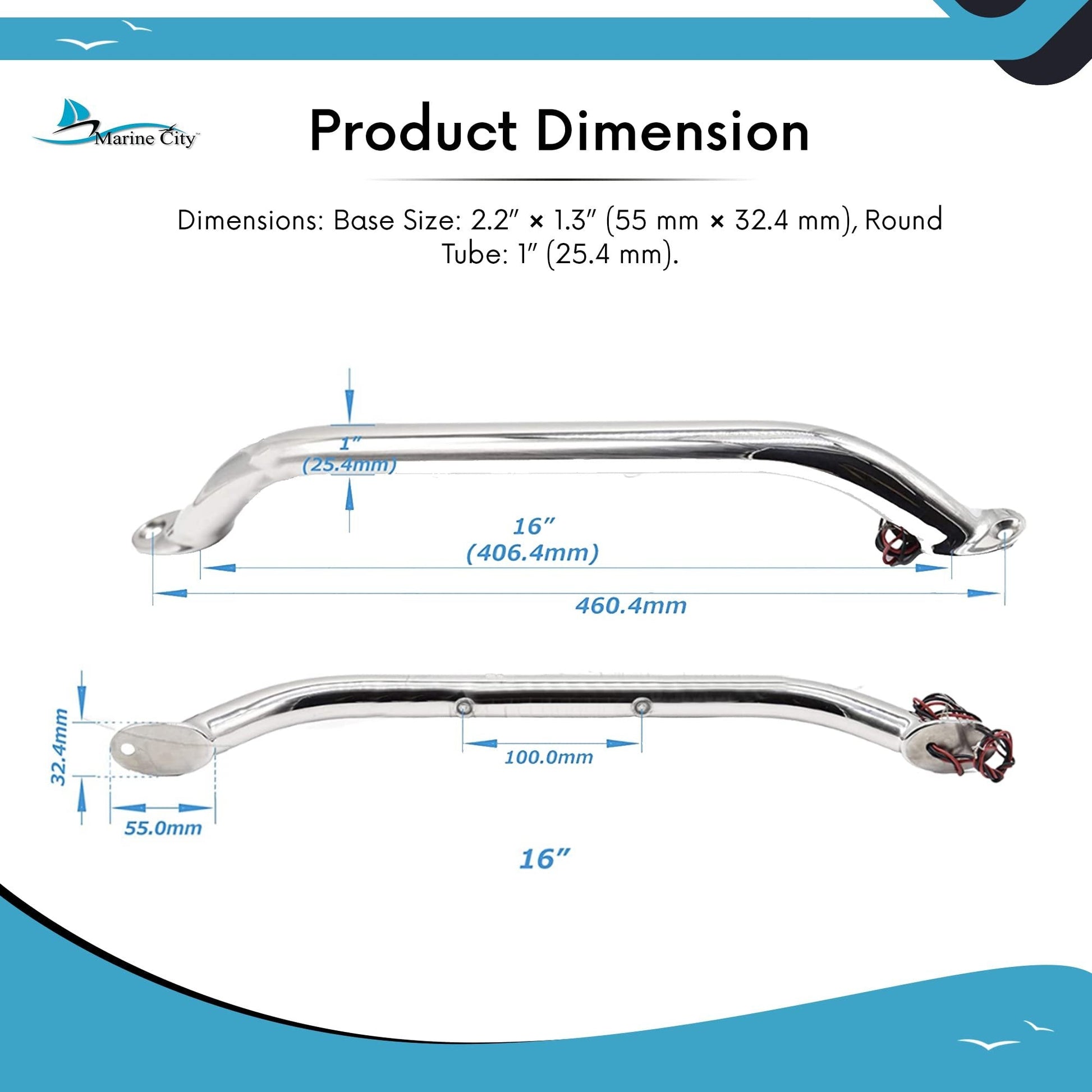 Marine City 16-Inch Grab Rail Handle with 2 Blue LED Lights–304 Stainless Steel Marine City