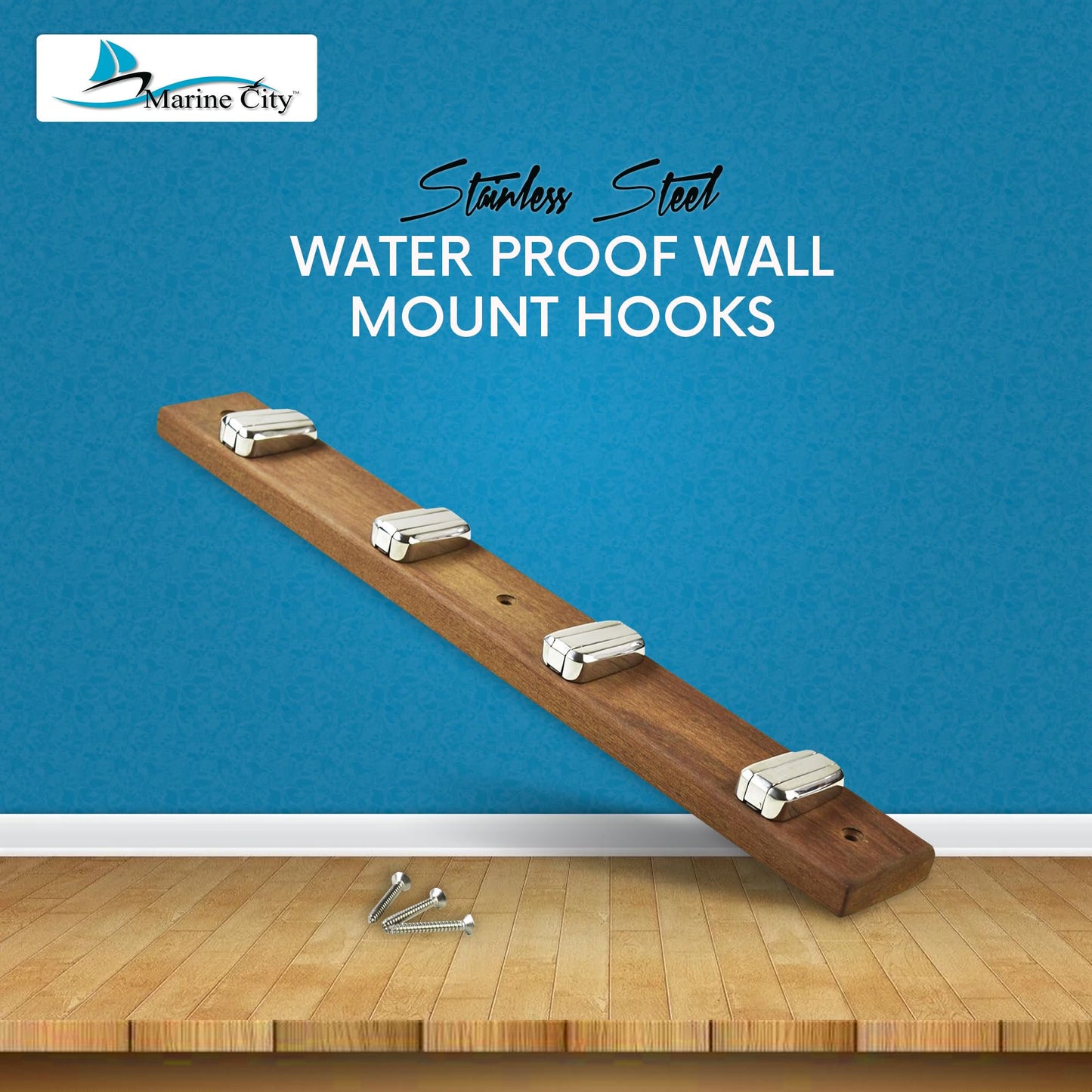 Marine City Base de teca de acero inoxidable 316, soporte de pared plegable con resorte, 4 ganchos para abrigo, sombrero, toalla