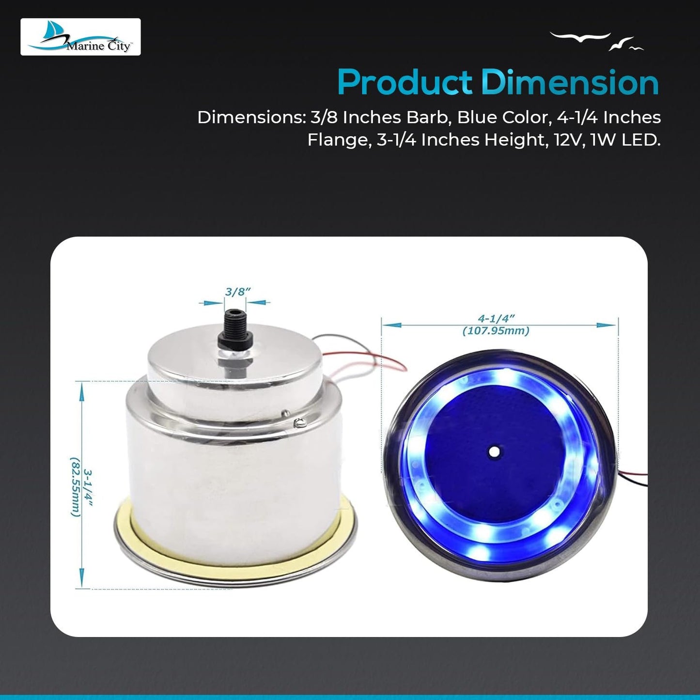 Marine City 8 Blue LED 12V Illuminated Stainless Steel Cup Holder with Drain