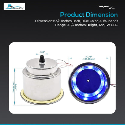 Marine City 8 Blue LED 12V Illuminated Stainless Steel Cup Holder with Drain