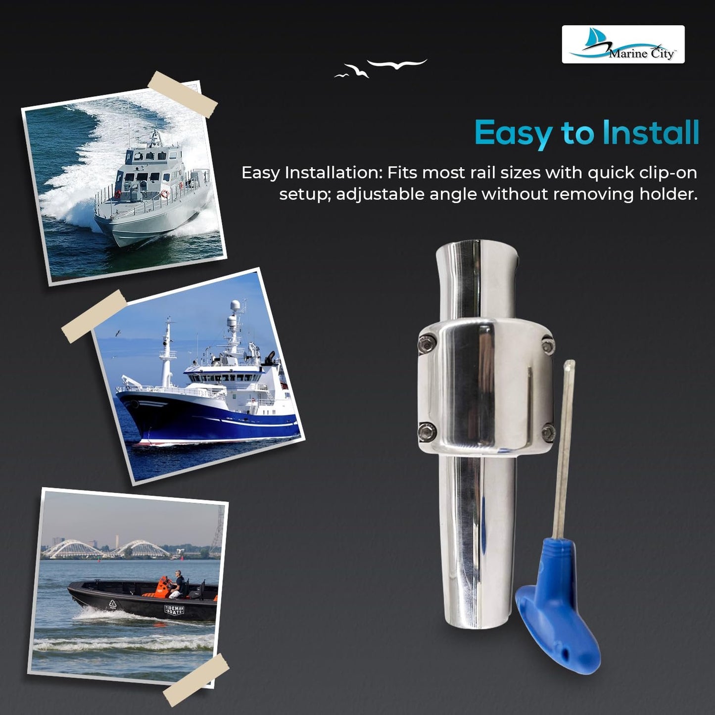 Marine City Adjustable Clamp-On Fishing Rod Holder – 304 Stainless Steel