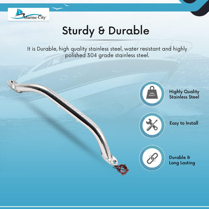 Marine City 12-Inch Grab Rail Handle with 2 Blue LED Lights–304 Stainless Steel