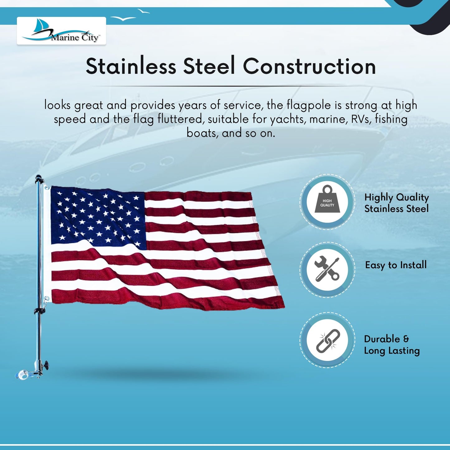 Marine City 32-Inch Flag Pole with 20x30” US Flag 304 Stainless Steel Rail Base