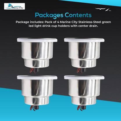 Marine City Stainless Steel Green LED Cup Holder with Drain Corrosion-Resistant Marine City