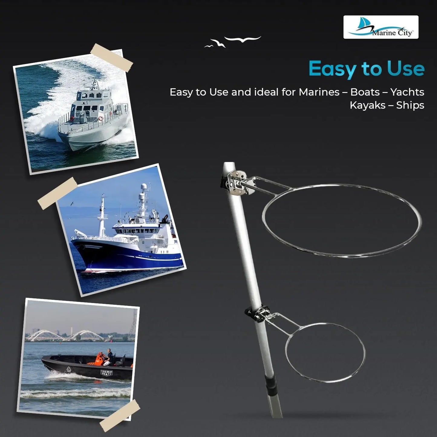 Marine City Fender Holder – Stainless Steel, UV-Resistant Clamps, Adjustable Marine City