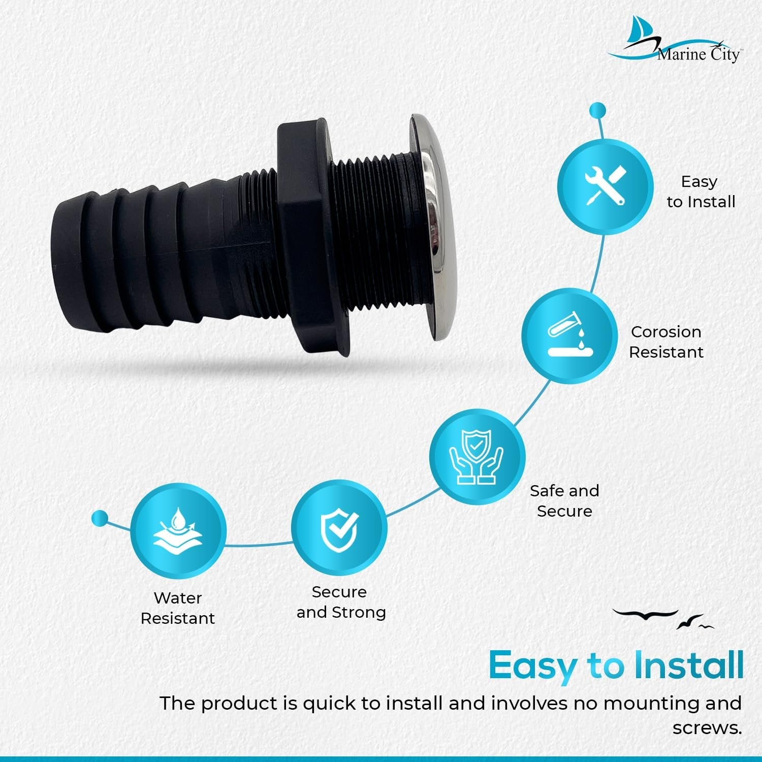 Marine City Nylon Thru-Hull Fitting with 316 Stainless Steel Trim & Flapper MARINE CITY