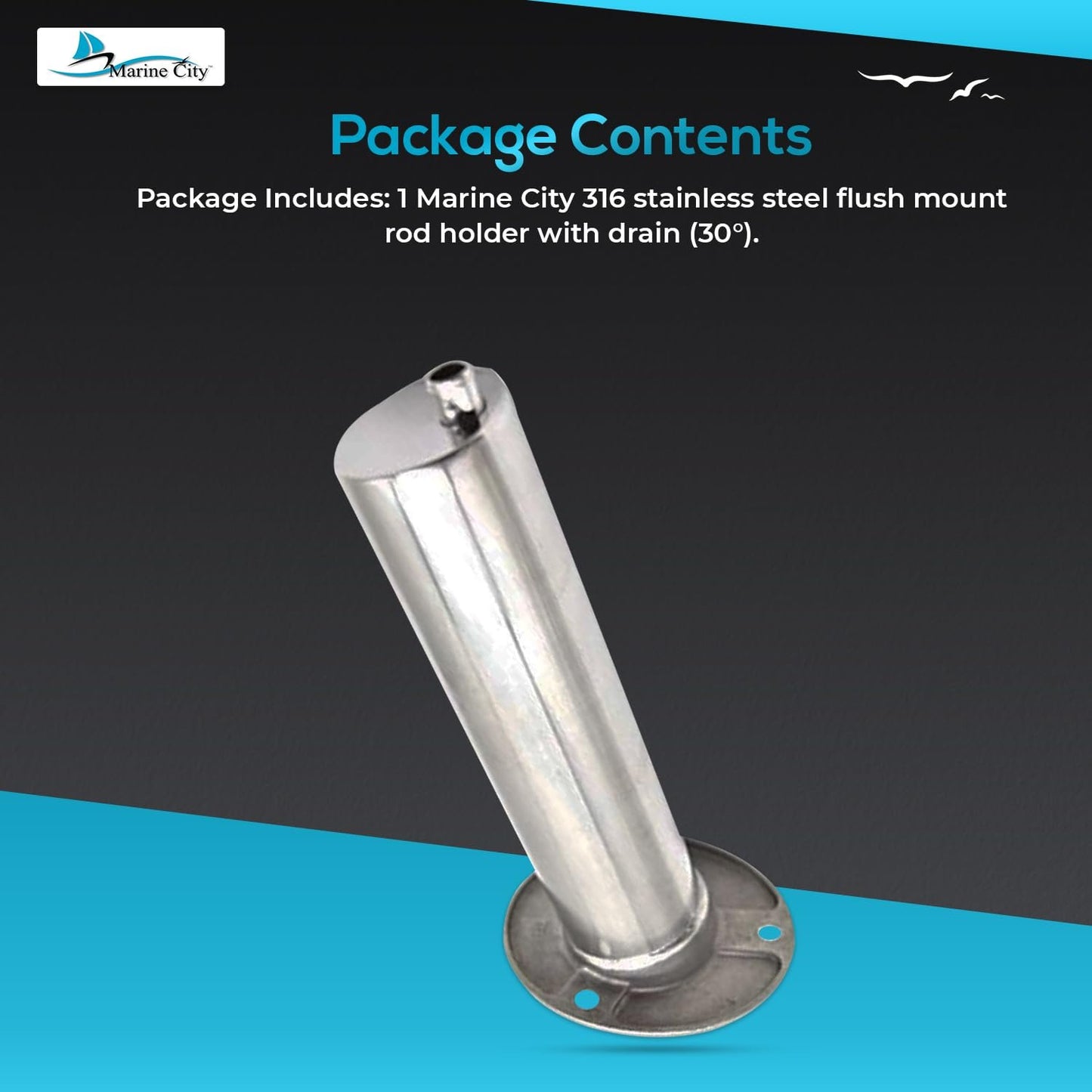 Marine City 316 Stainless Steel Flush-Mount Fishing Rod Holder with Drain