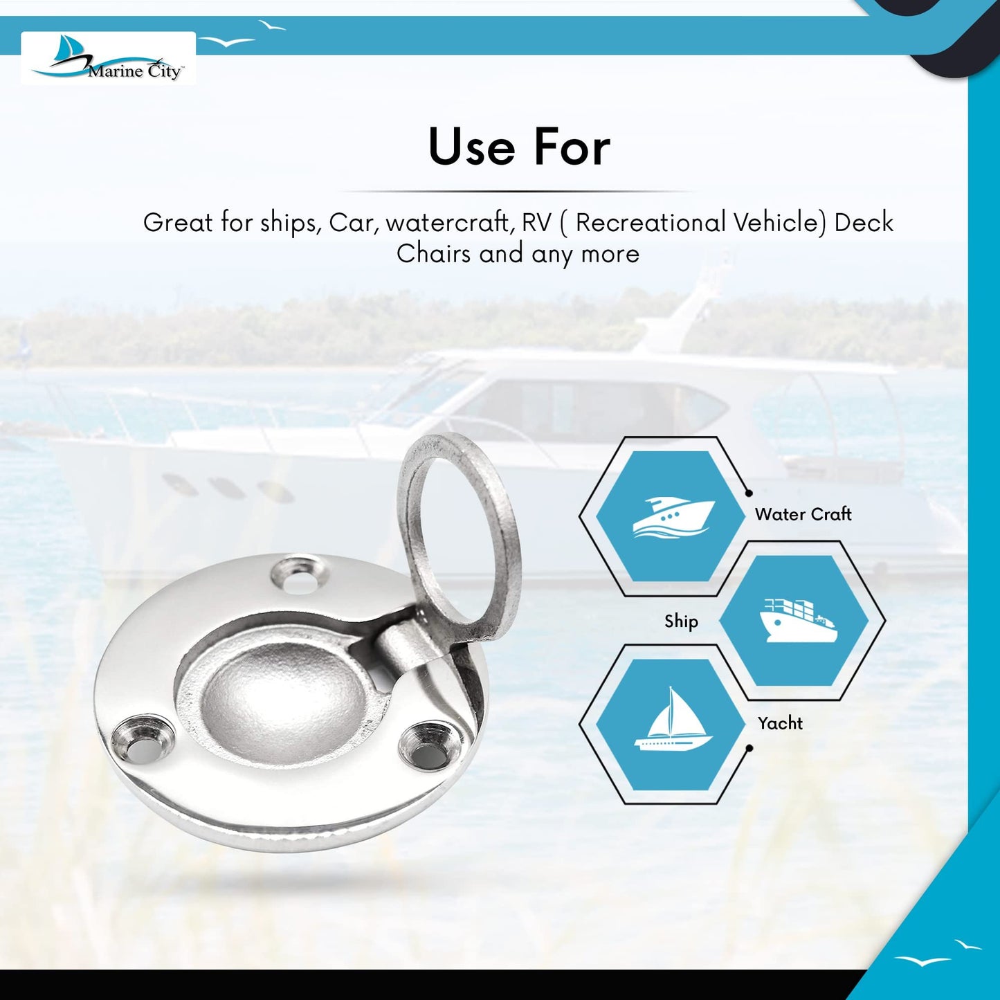 MARINE CITY 316 Stainless Steel Round Flush Boat Hatch Lift Ring – 3-Point Fix