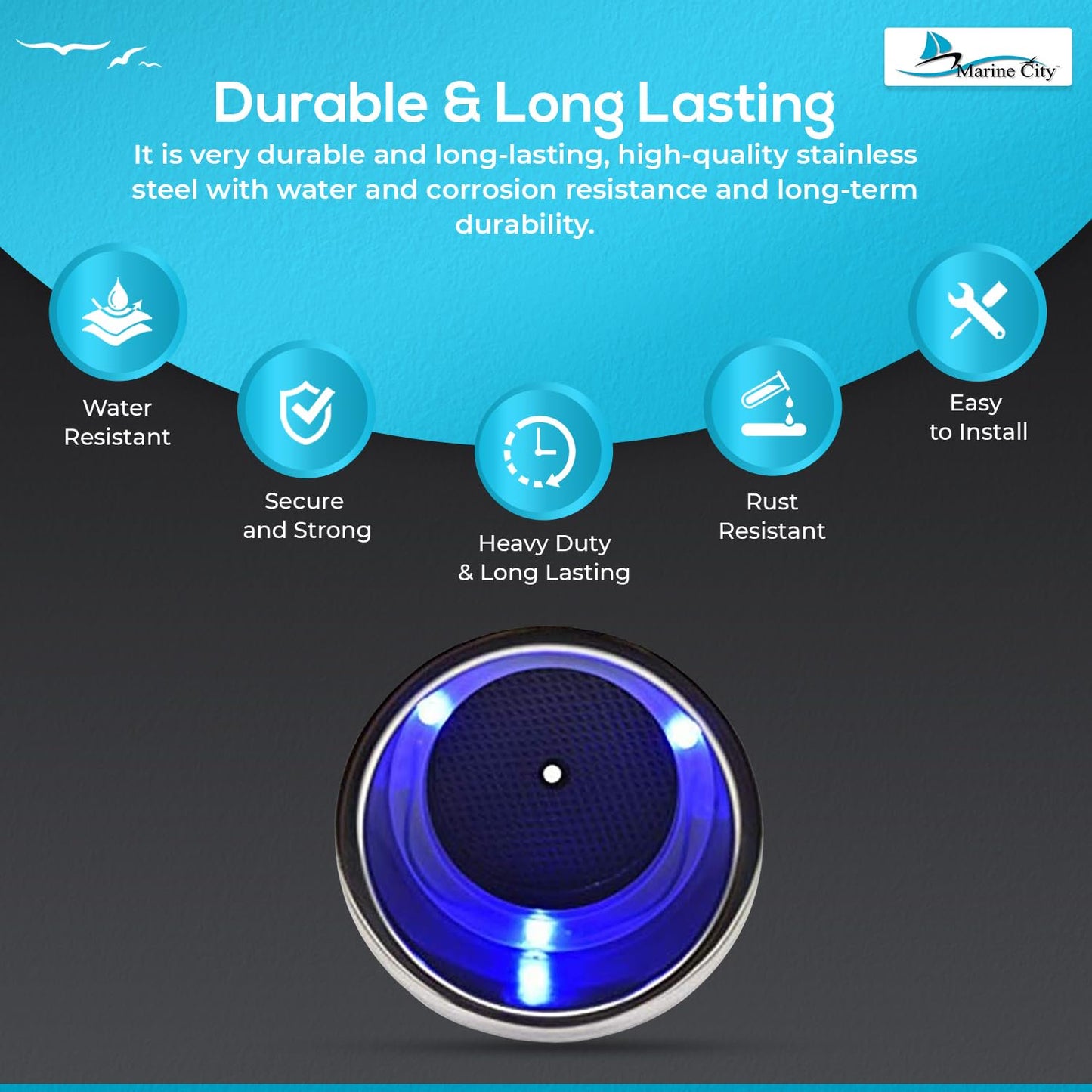 Marine City Stainless Steel LED Drink Cup Holder with Drain – 3 Blue LED Lights