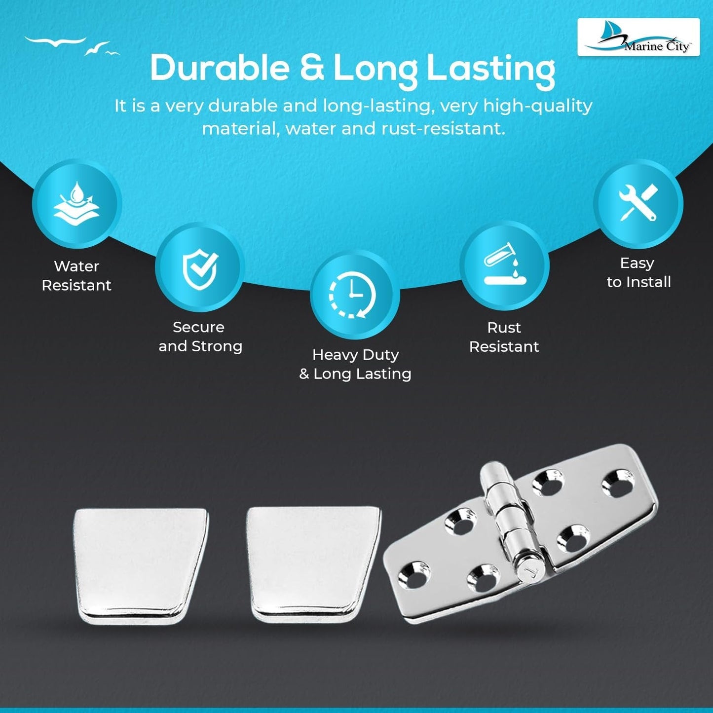 Marine City 316 Stainless Steel Covered Strap Hinges with Caps – 3" x 1-1/2" Marine City