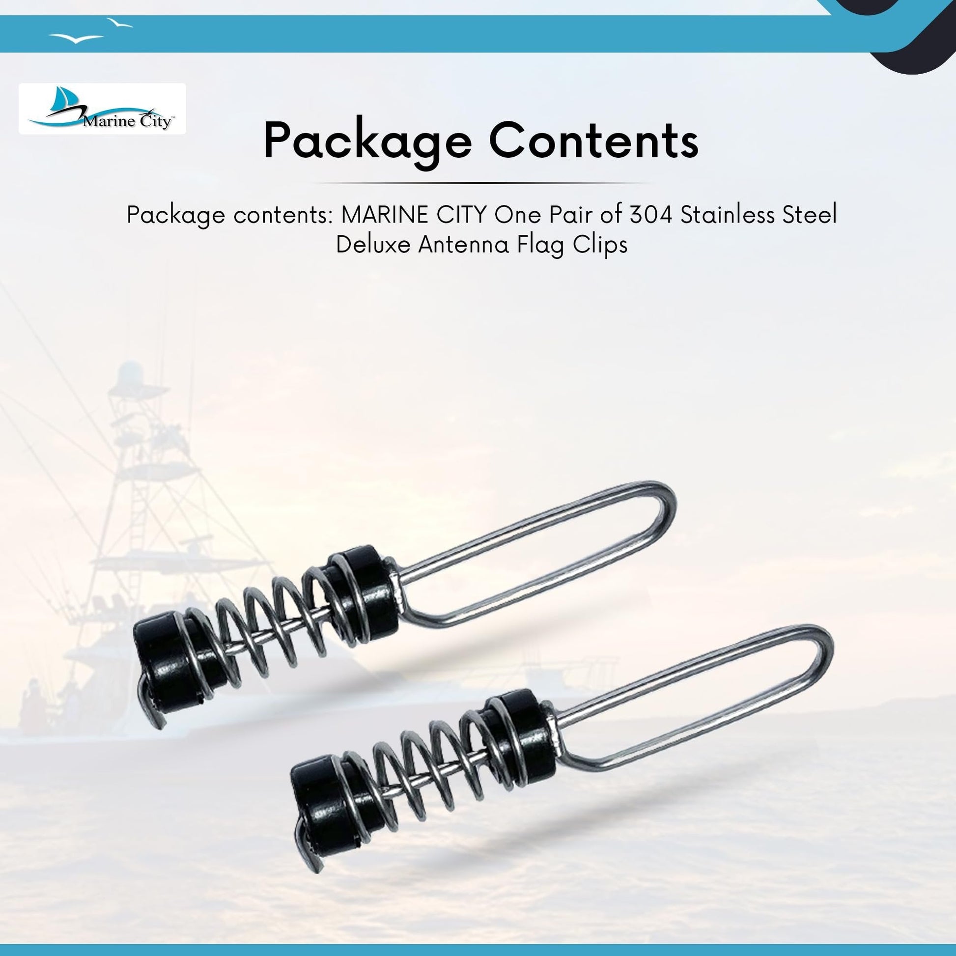 Marine City Deluxe Antenna Flag Clips – 304 Stainless Steel 2-7/8” (Pack of 2) Marine City