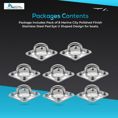 Marine City U-Shaped Pad Eye – Polished Stainless Steel, 2-3/8 x 1-1/2", (8 Pcs)