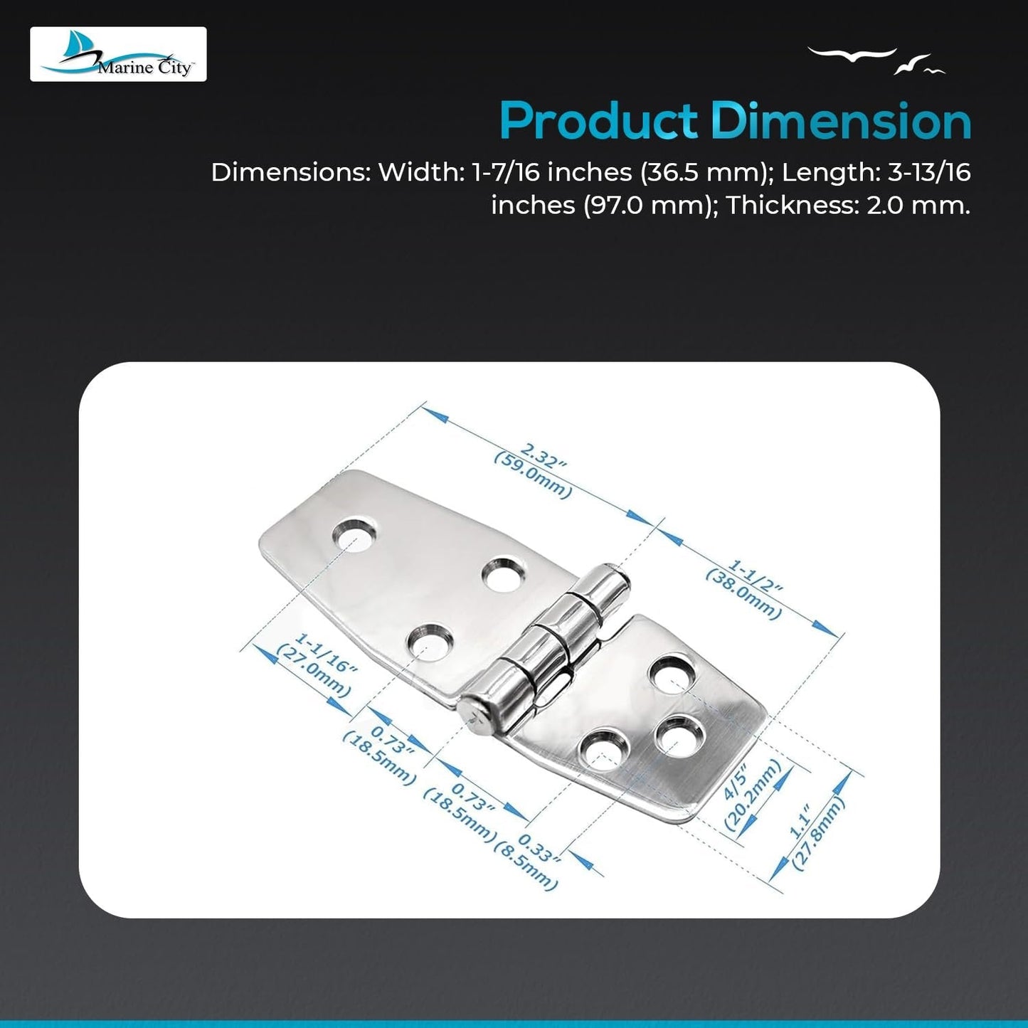 Marine City 6-Hole Short Sided Door Hinges 316 Stainless Steel Heavy-Duty (2 Pcs) Marine City