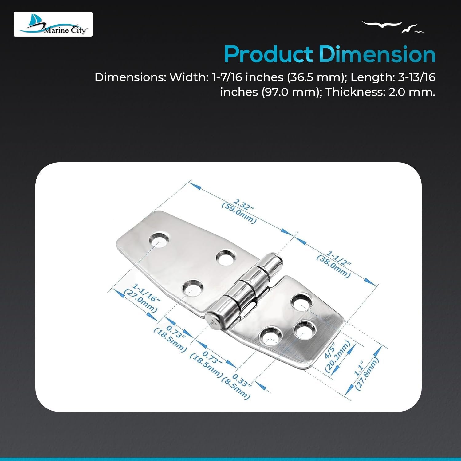 Marine City 6-Hole Short Sided Door Hinges 316 Stainless Steel Heavy-Duty (2 Pcs) Marine City