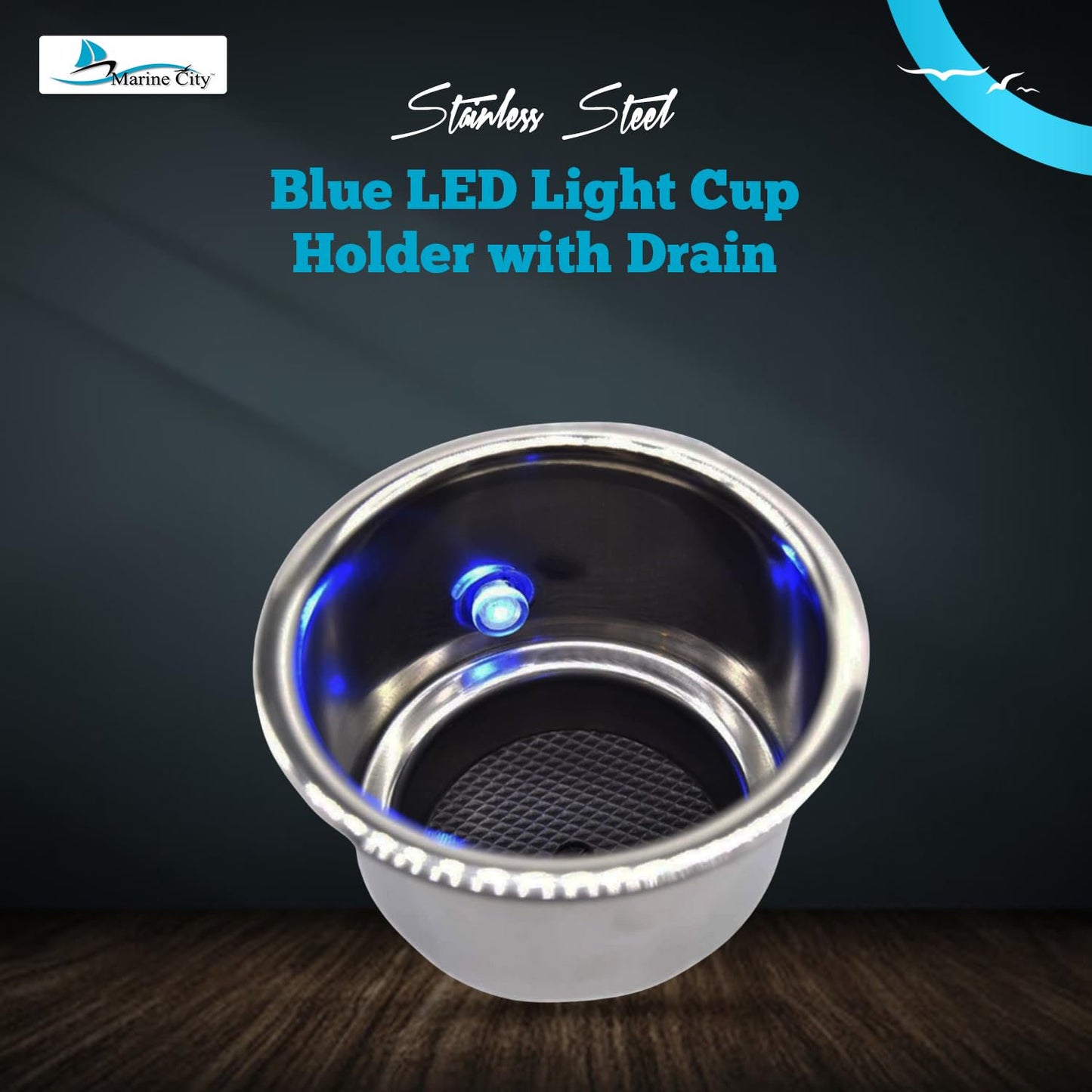 Marine City Stainless Steel 12V Blue LED Illuminated Drink Holder with Drain