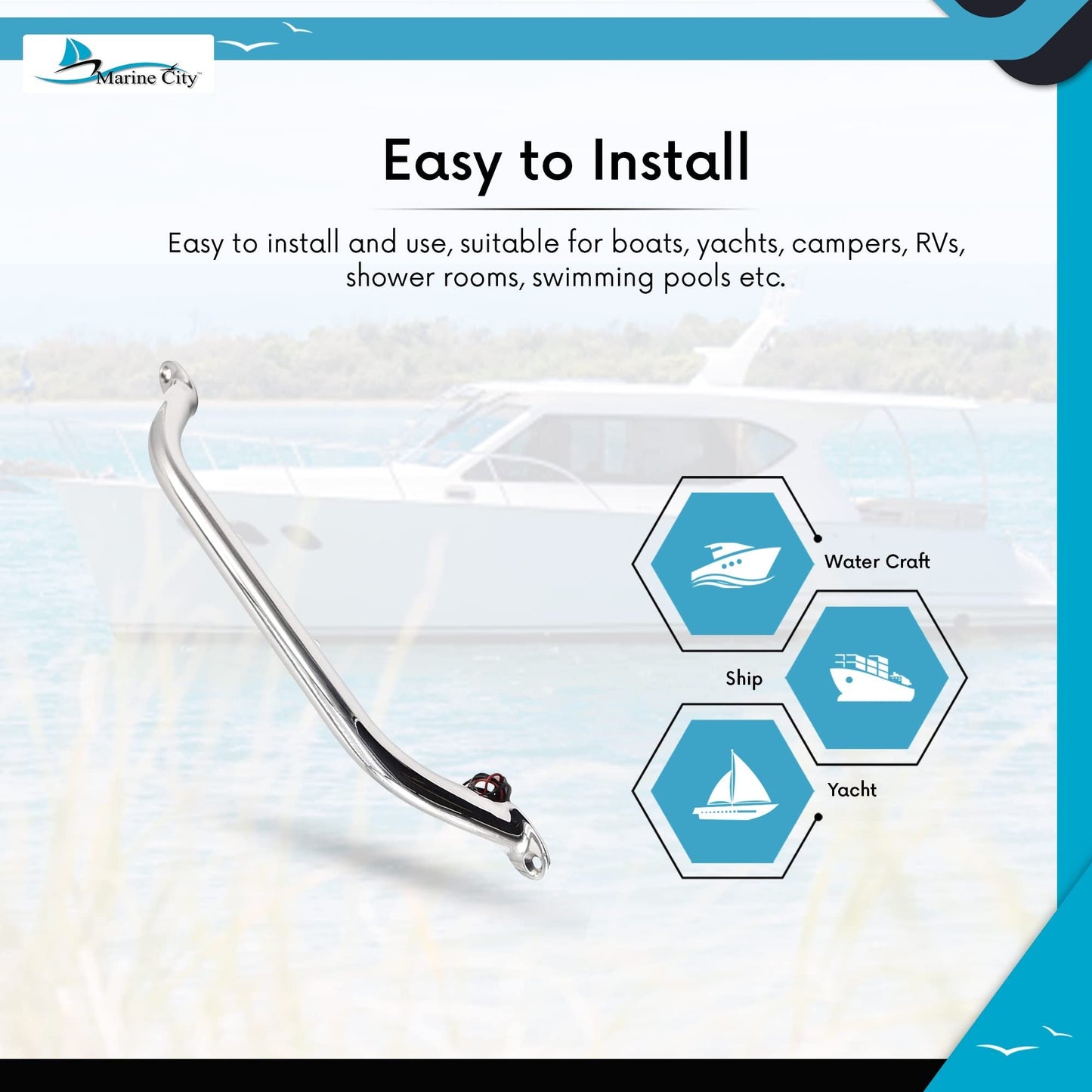 Marine City 16-Inch Grab Rail Handle with 2 Blue LED Lights–304 Stainless Steel Marine City