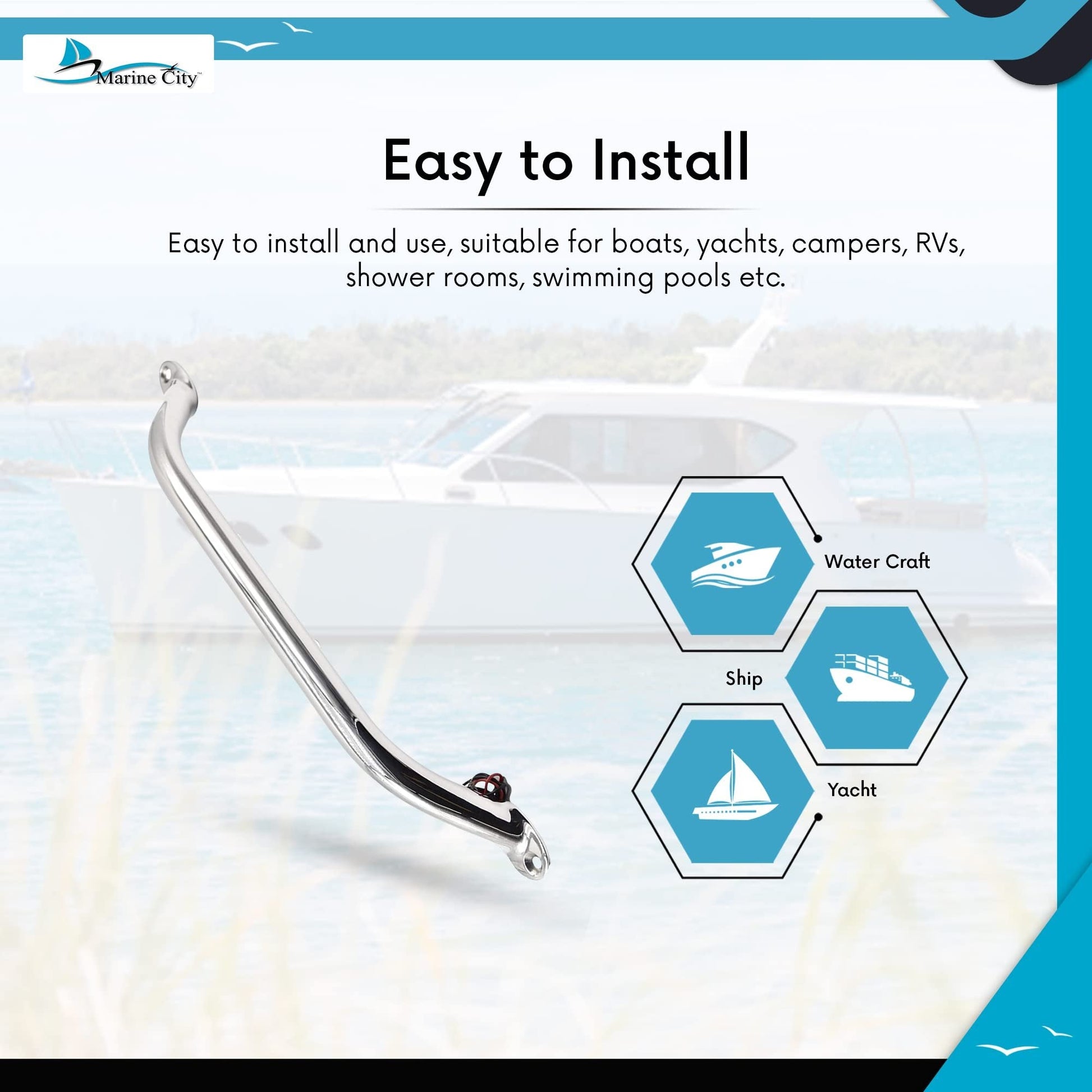 Marine City 16-Inch Grab Rail Handle with 2 Blue LED Lights–304 Stainless Steel Marine City