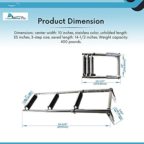 Marine City Escalera telescópica de 3 escalones de acero inoxidable 304 con escalones curvos extra anchos y pasarela equipada para barcos y yates