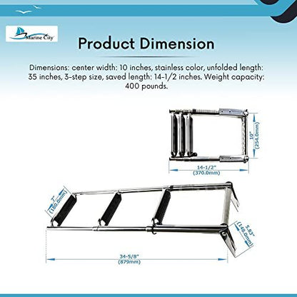 Marine City Escalera telescópica de 3 escalones de acero inoxidable 304 con escalones curvos extra anchos y pasarela equipada para barcos y yates