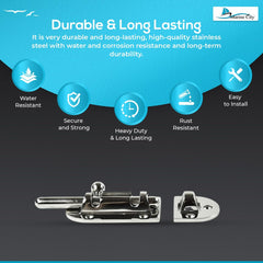 Marine City Barrel Bolt Door Latch – 316 Stainless Steel, Large, Slide Lock