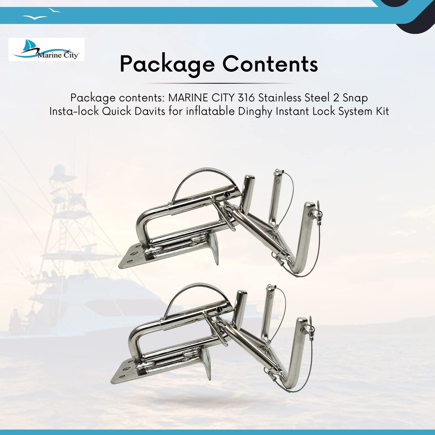 Marine City 316 Acero inoxidable Snap Insta-Lock Quick Davits para bote inflable Kit de sistema de bloqueo instantáneo
