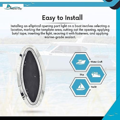 Marine City Elliptical Opening Port Light – 304 Stainless Steel, 6" x 16"