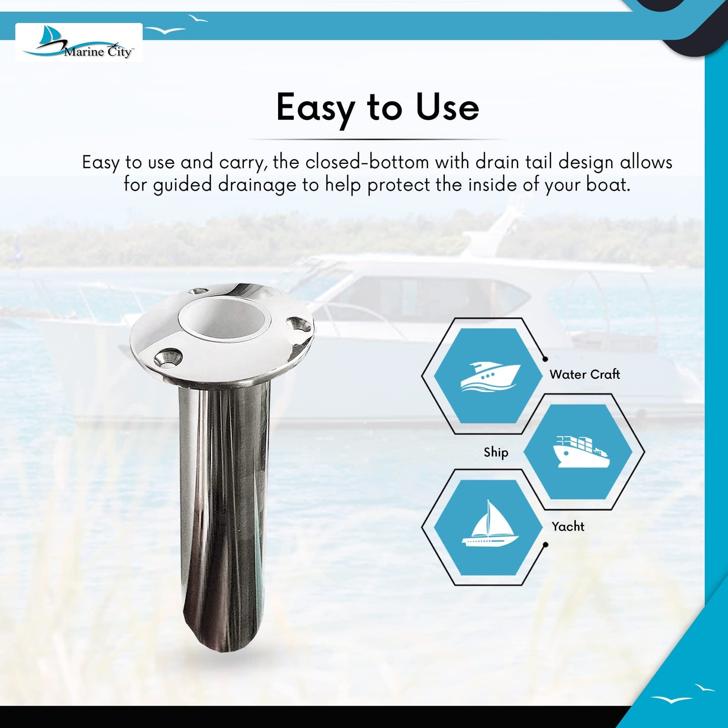 Marine City 316 Stainless Steel Flush-Mount Fishing Rod Holder with Drain