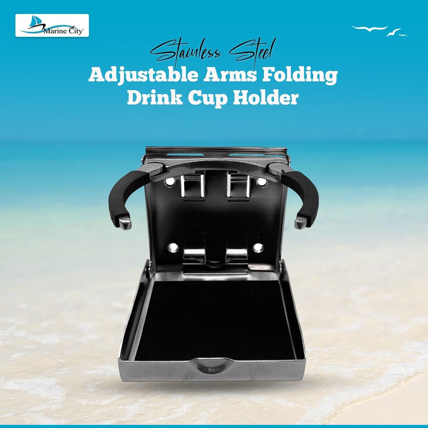 Marine City Adjustable Folding Cup Holder – 304 Stainless Steel Polished (Large) Marine City Hardware