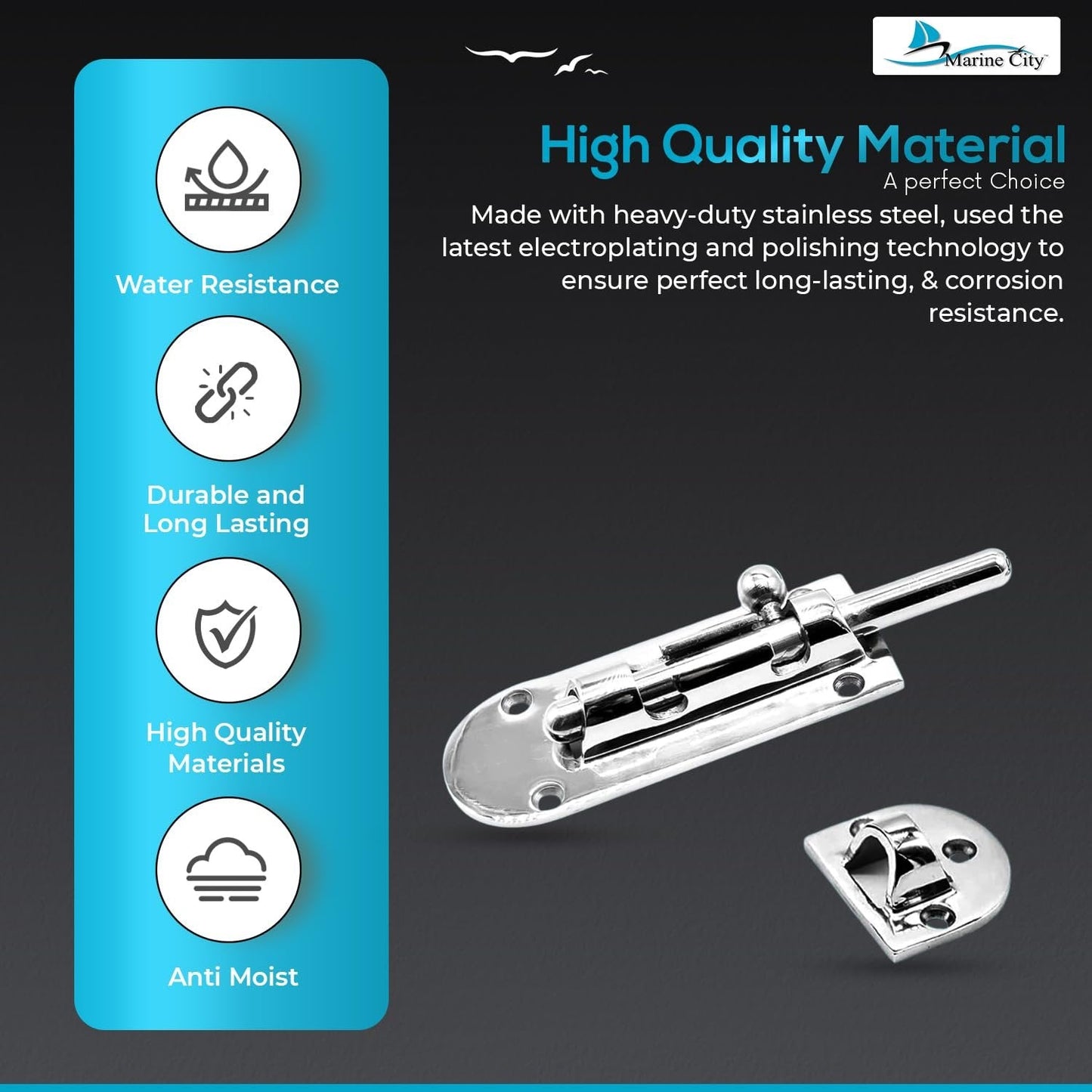 Marine City Barrel Bolt Door Latch – 316 Stainless Steel, Large, Slide Lock Marine City Hardware