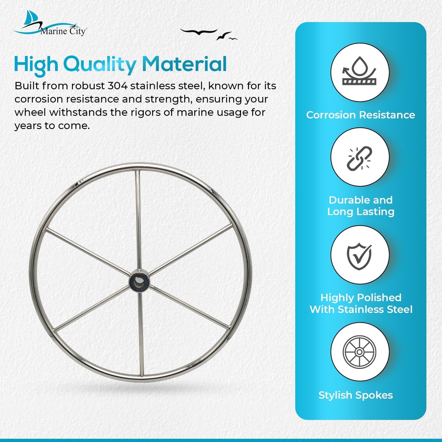 Marine City 304 Stainless Steel Sailboat Wheel 24-Inch - 6.5” Spokes,7/8” Rim