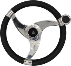 MARINE CITY Marine Boat Polished 316 Stainless Steel Sports style Tri-Spoke Design Steering Wheel with Stainless steel Center Cap / Knob / PU Foam 13-1/2