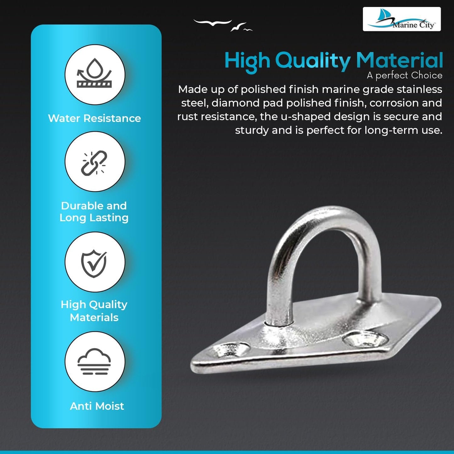 Marine City U-Shaped Pad Eye – Polished Stainless Steel, 2-3/8 x 1-1/2"