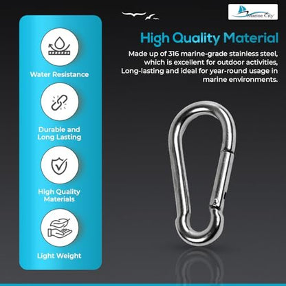 Marine City Carabiner Clip Snap Hook 2-3/4 Inches – 316 Stainless Steel, Durable Marine City Hardware