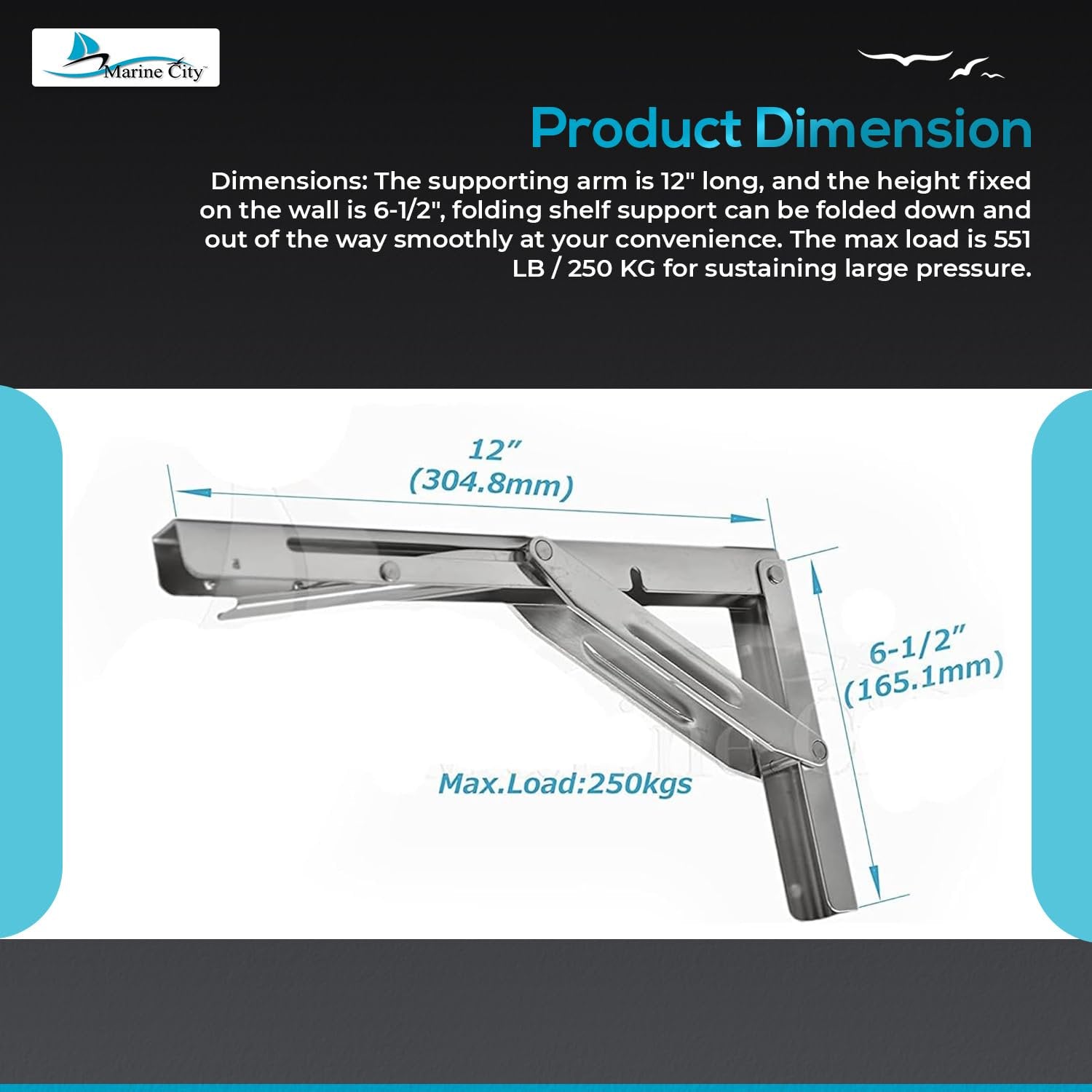 Marine City 304 Stainless Steel Folding Shelf Bracket – 12” Long Arm, Heavy Duty Marine City Hardware