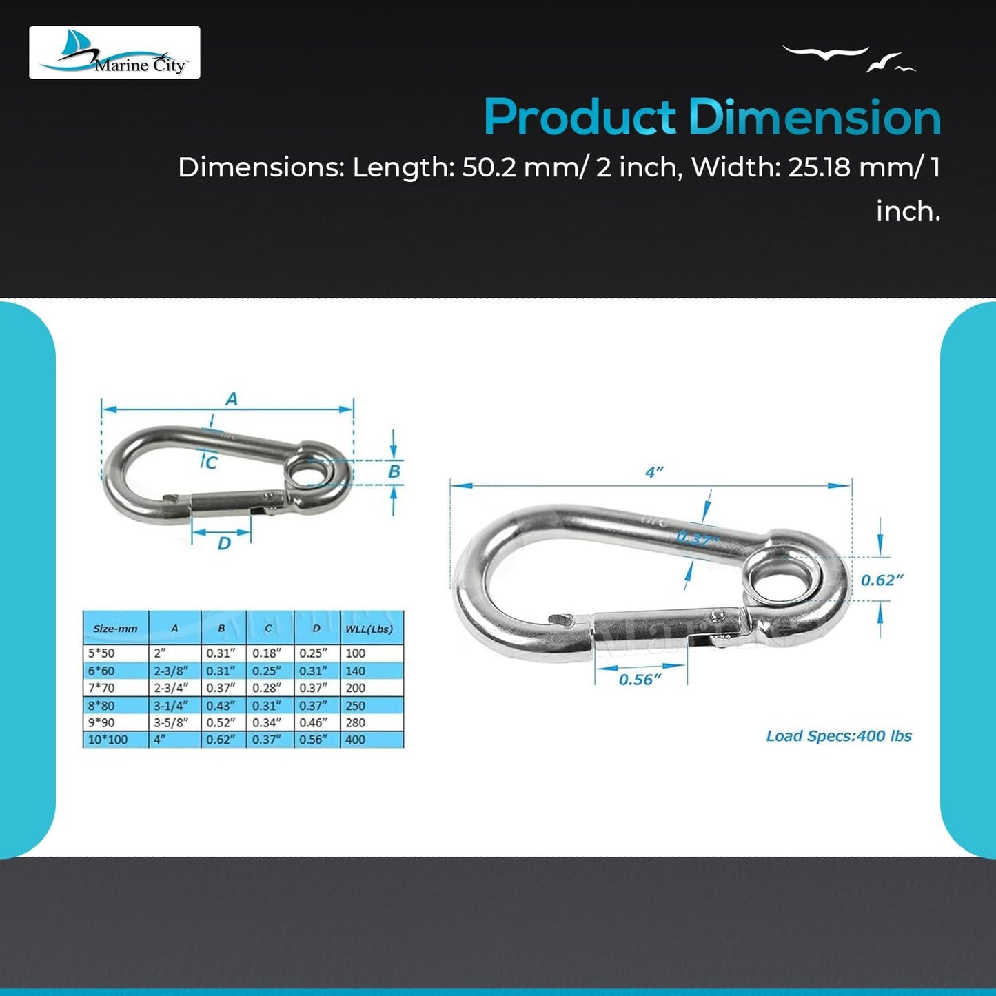 Marine City Carabiner Clip Snap Hook with Ring – 2” 316 Stainless Steel (10 Pcs)