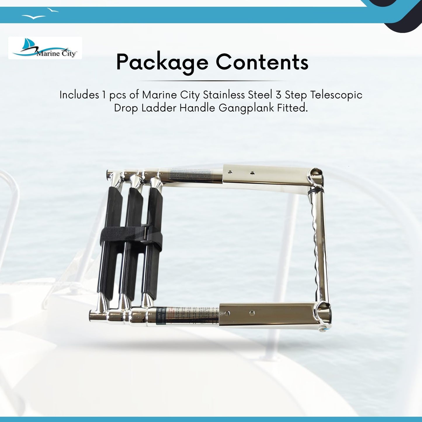 MARINE CITY 3-Step Telescopic Drop Ladder with Gangplank Handle Stainless Steel Marine City