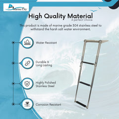 Marine City 3 Step Telescoping Boat Ladder, Stainless Steel, Anti-Slip PVC Steps