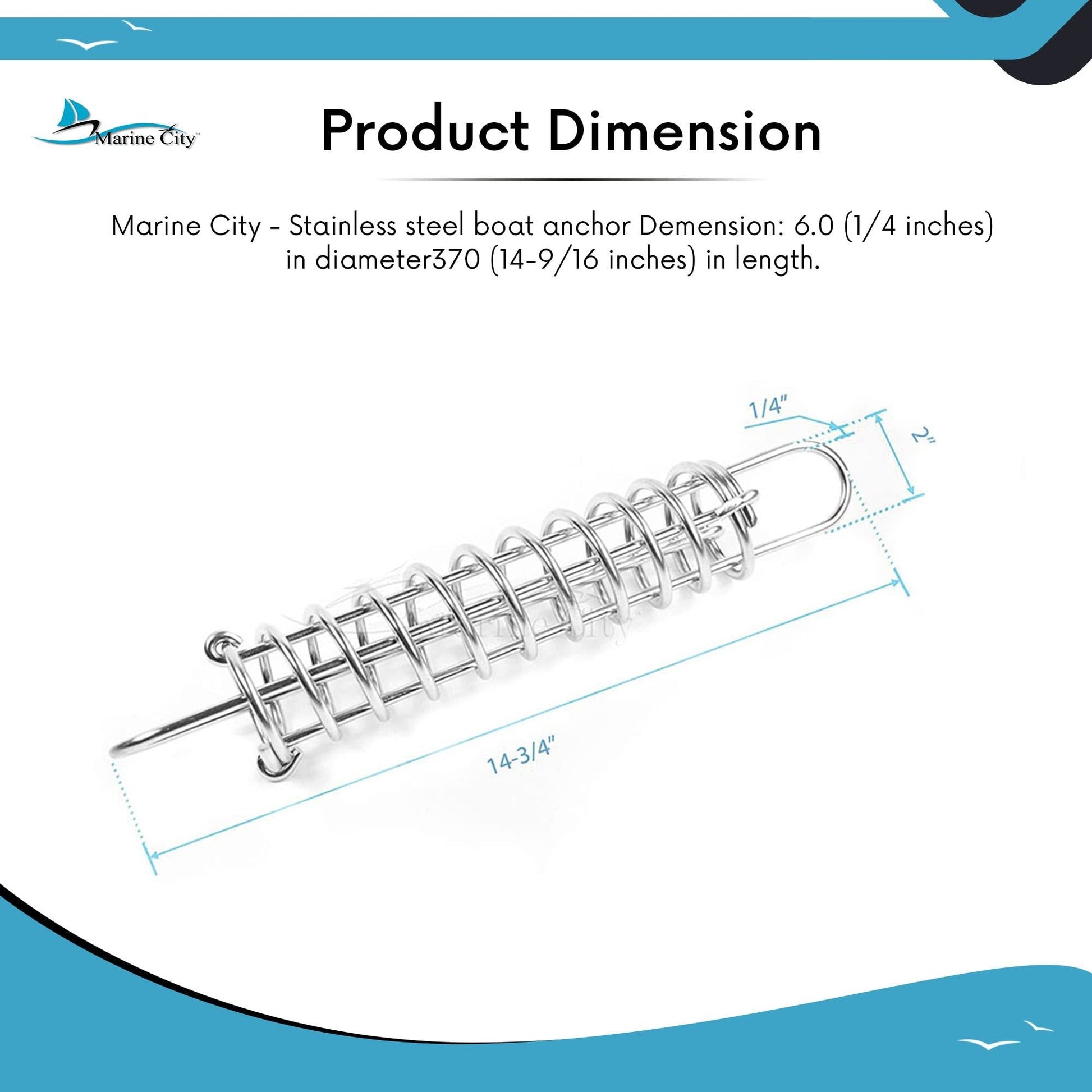 Marine City Boat Anchor Dock Line Mooring Spring – 304 Stainless Steel, 14-9/16" Marine City