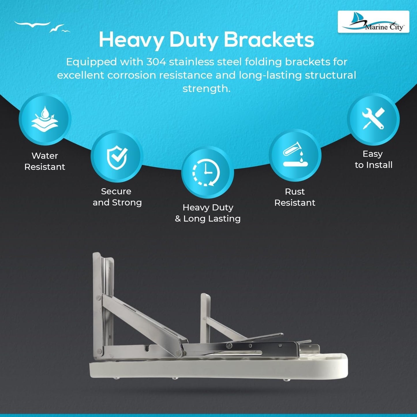 Marine City 18” x 13” Wall-Mount Fold Down Bench – 304 Stainless Steel Brackets MARINE CITY