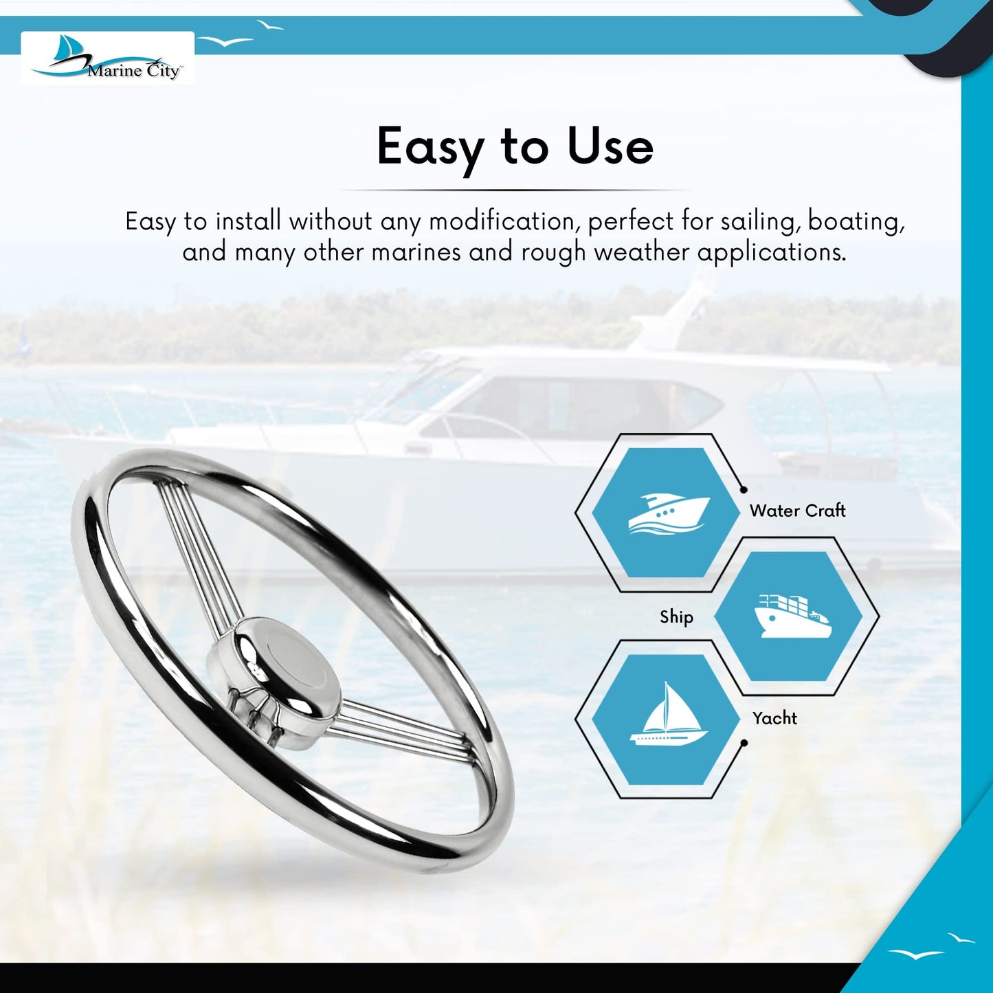 Marine City 316 Stainless Steel Steering Wheel 9 Spoke – 13-1/2” Diameter