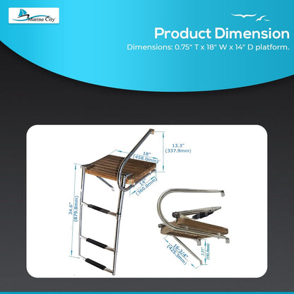 Marine City Escalera telescópica de plataforma de teca para natación de 3 escalones O/B de acero inoxidable para barcos, barcos