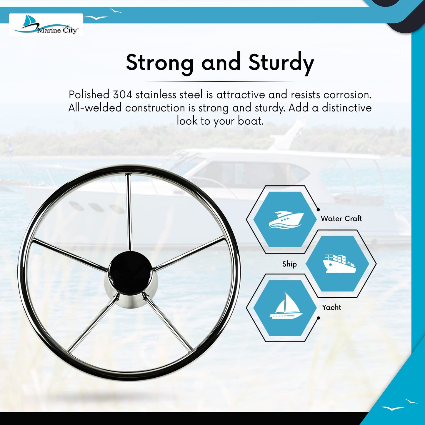 Marine City 5-Spoke Stainless Steel Steering Wheel – 304 Corrosion-Resistant