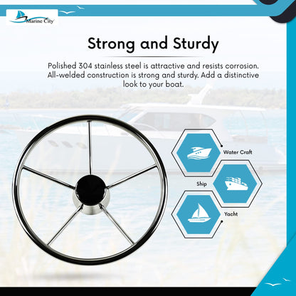 Marine City 5-Spoke Stainless Steel Steering Wheel – 304 Corrosion-Resistant