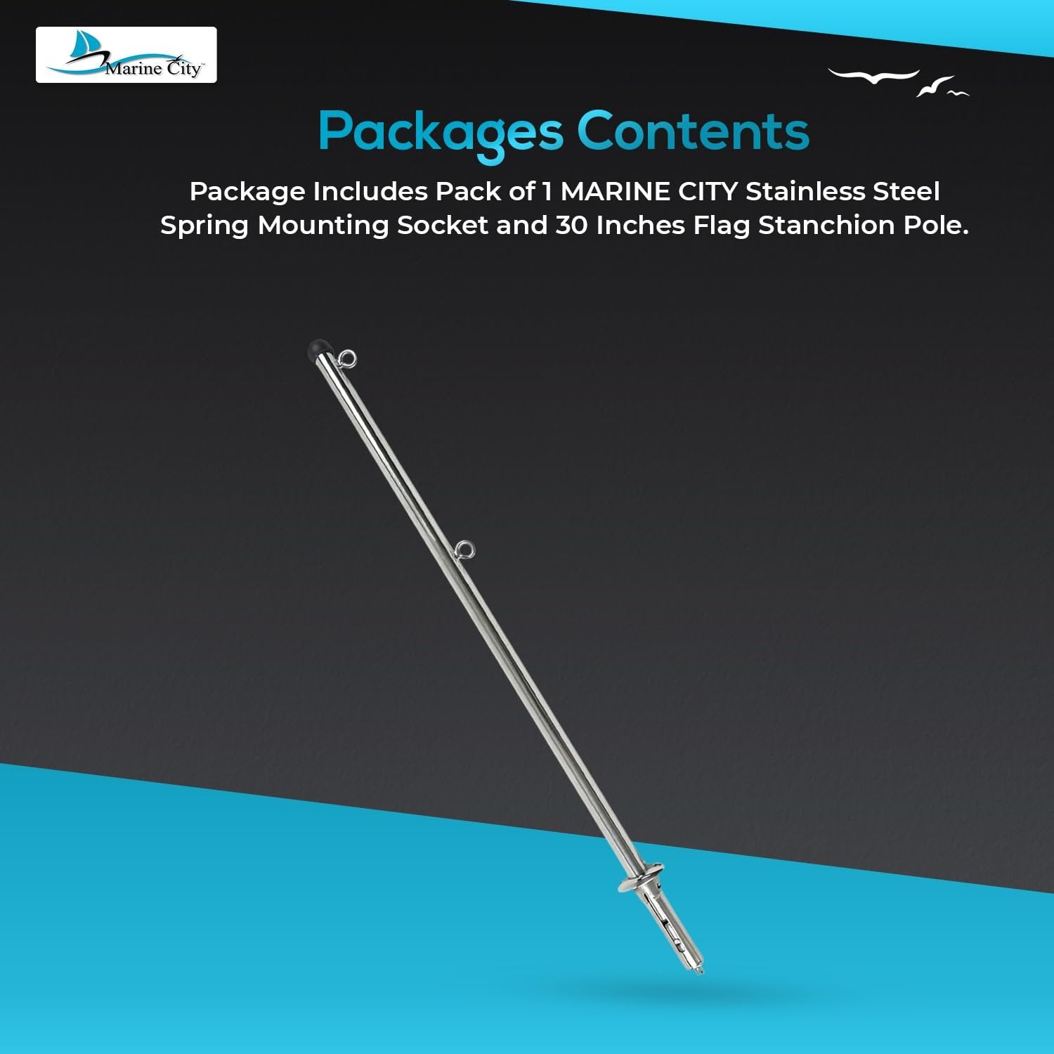MARINE CITY 30-Inch Flag Stanchion with 304 Stainless Steel Spring Mounting Socket Marine City